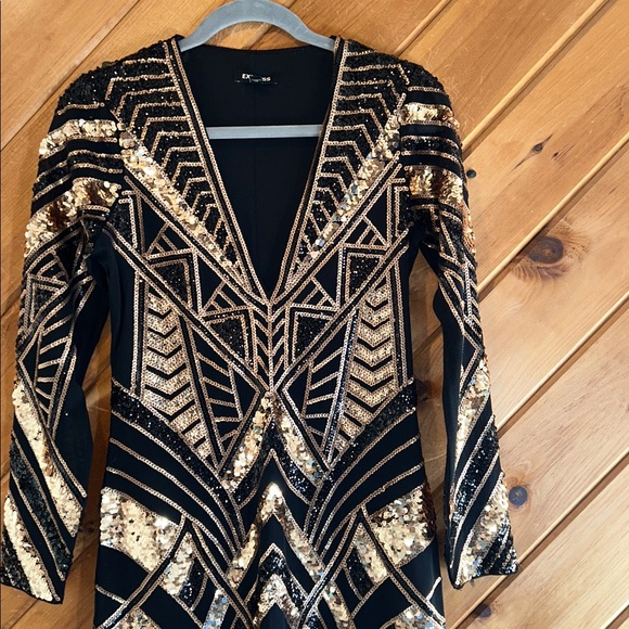 Express sequin shiny gold & black vneck long sleeve bodycon dress - Picture 5 of 7